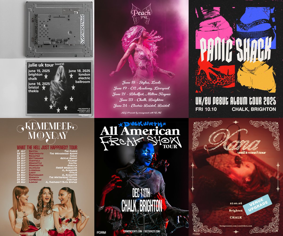 ++ RECENTLY ANNOUNCED ++

Sunday 15.06 - JULIE (New Date)
Monday 23.06 - PEACH PRC
Friday 10.10 - PANIC SHACK
Tuesday 21.10 - REMEMBER MONDAY
Thursday 11.12 - DUCKWRTH
Tuesday 27.01 - XANA (Venue Upgrade)

Tickets available via dice.fm &amp; chalkvenue.com/live