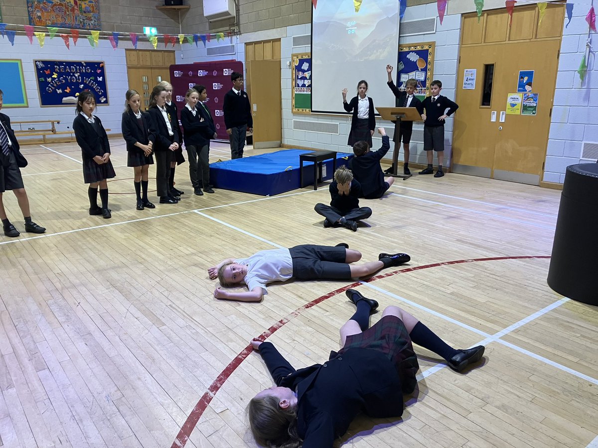 KESBathJunior's tweet image. Year 6 did some wonderful drama today, creating tableau to match with scenes from VE Day. This one cleverly shows some contrasting emotions of that day, 80 years ago.