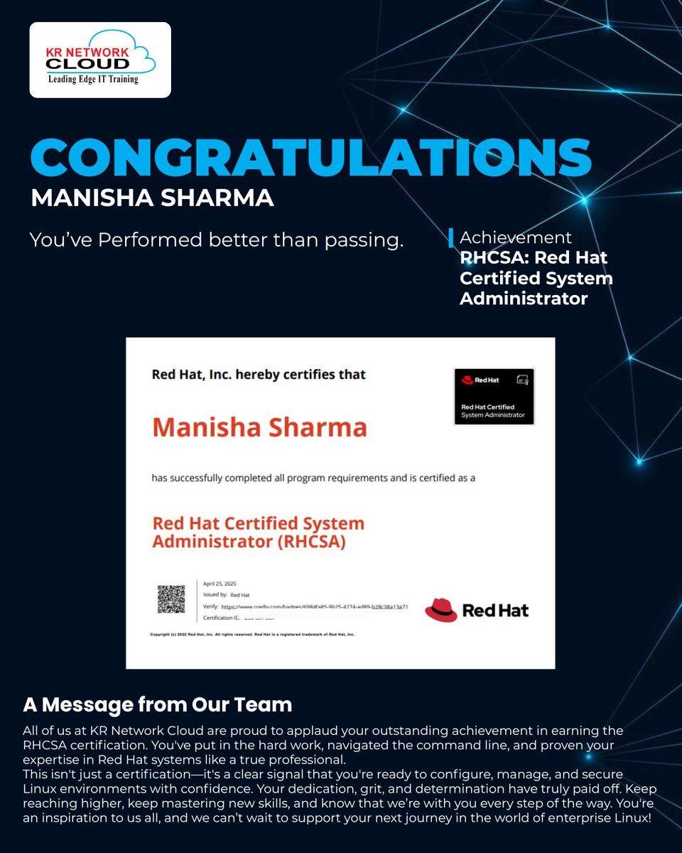 KRNetworkCloud1's tweet image. 𝐂𝐨𝐧𝐠𝐫𝐚𝐭𝐮𝐥𝐚𝐭𝐢𝐨𝐧𝐬, 𝐌𝐚𝐧𝐢𝐬𝐡𝐚 𝐒𝐡𝐚𝐫𝐦𝐚!
We’re incredibly proud to honor your success in earning the prestigious 𝐑𝐞𝐝 𝐇𝐚𝐭 𝐂𝐞𝐫𝐭𝐢𝐟𝐢𝐞𝐝 𝐒𝐲𝐬𝐭𝐞𝐦 𝐀𝐝𝐦𝐢𝐧𝐢𝐬𝐭𝐫𝐚𝐭𝐨𝐫 (𝐑𝐇𝐂𝐒𝐀) certification.
#RHCSA #RedHatCertified #LinuxAdministrator