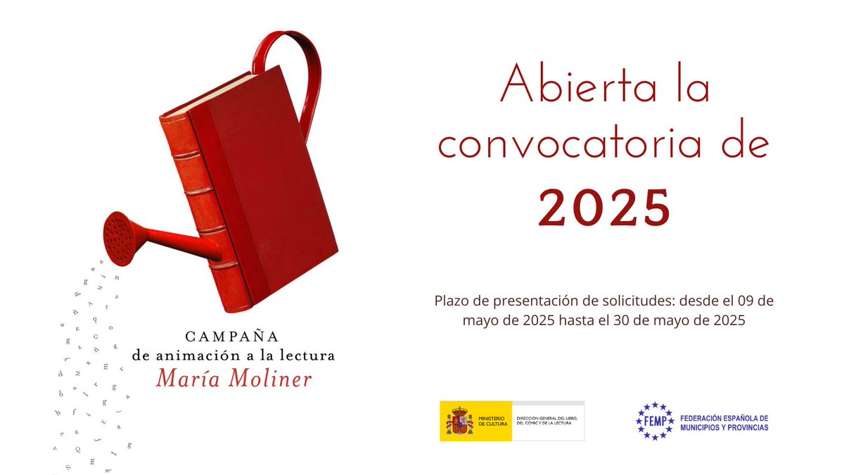 🆕📢 ¡Bibliotecas! Mañana se abre el plazo de recepción de solicitudes para el Concurso de proyectos de animación a la #lectura María Moliner en municipios de menos de 50.000 habitantes.
📅 Hasta el 30 de mayo.
Consulta la Convocatoria 2025 aquí 👇
cultura.gob.es/servicios-al-c…