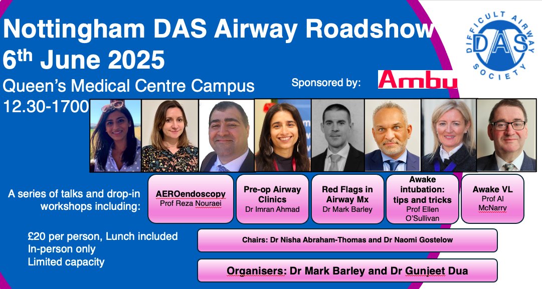 Difficult Airway Society (DAS) Residents (@dasresidents) on Twitter photo Our DAS Roadshow Symposium has been awarded 4 CPD points by the Royal College of Anaesthetists!
Capacity is limited so book your space today!
bookcpd.com/course/DASroad…
<a href="/RCoANews/">Royal College of Anaesthetists</a> <a href="/dasairway/">Difficult Airway Society (DAS)</a>
<a href="/altgm/">alistair mcnarry</a>
<a href="/ProfEllenO/">Ellen O’Sullivan @ProEllenO.bsky.social</a>
<a href="/Chronotrope/">Mark Barley</a>
<a href="/LarynxUK/">Prof Reza Nouraei</a>
<a href="/gunjeet99/">Gunjeet Dua</a>
<a href="/dr_imranahmad/">Imran Ahmad</a> Our DAS Roadshow Symposium has been awarded 4 CPD points by the Royal College of Anaesthetists!
Capacity is limited so book your space today!
bookcpd.com/course/DASroad…
<a href="/RCoANews/">Royal College of Anaesthetists</a> <a href="/dasairway/">Difficult Airway Society (DAS)</a>
<a href="/altgm/">alistair mcnarry</a>
<a href="/ProfEllenO/">Ellen O’Sullivan @ProEllenO.bsky.social</a>
<a href="/Chronotrope/">Mark Barley</a>
<a href="/LarynxUK/">Prof Reza Nouraei</a>
<a href="/gunjeet99/">Gunjeet Dua</a>
<a href="/dr_imranahmad/">Imran Ahmad</a>