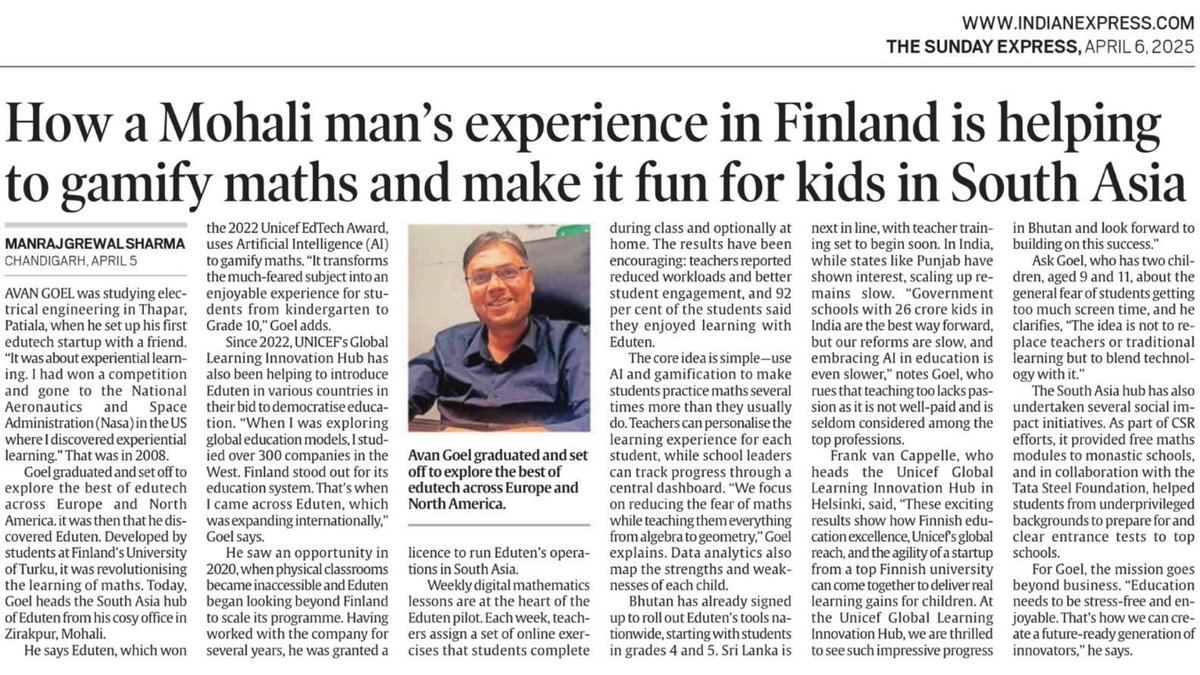 Eduten (@edutenofficial) on Twitter photo Our Southeast Asia Business Head, Avan Goel, is featured in the <a href="/IndianExpress/">The Indian Express</a>! He shares how Eduten makes math enjoyable for students across South Asia.
indianexpress.com/article/cities…
Proud to see Avan and Eduten in the spotlight! 🫶🏻 Our Southeast Asia Business Head, Avan Goel, is featured in the <a href="/IndianExpress/">The Indian Express</a>! He shares how Eduten makes math enjoyable for students across South Asia.
indianexpress.com/article/cities…
Proud to see Avan and Eduten in the spotlight! 🫶🏻