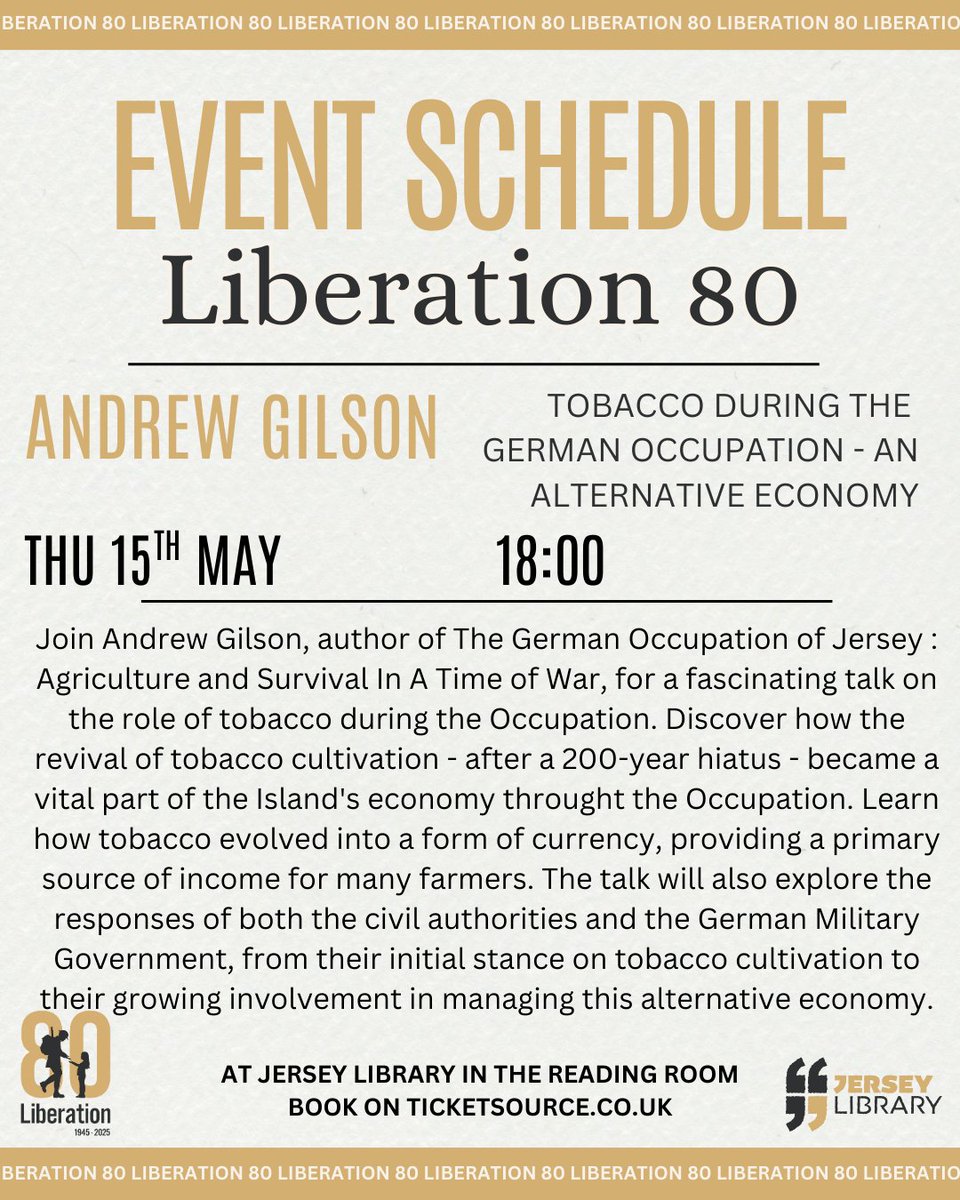 To mark the 80th anniversary of the Liberation of the Channel Islands, Jersey Library is proud to host a series of talks exploring the Occupation, Liberation, and its aftermath.

Tickets are free and available at: bit.ly/3GJcQk6

#jerseylibraryci #liberation80 #liberaton