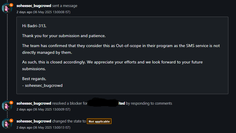 Alamz0's tweet photo. Update:
From P3 -> None -> Not Applicable
Reason: Managed by a third party.
It's disappointing, but it's part of the journey.
#BugBounty https://t.co/iUWiFsnd7I