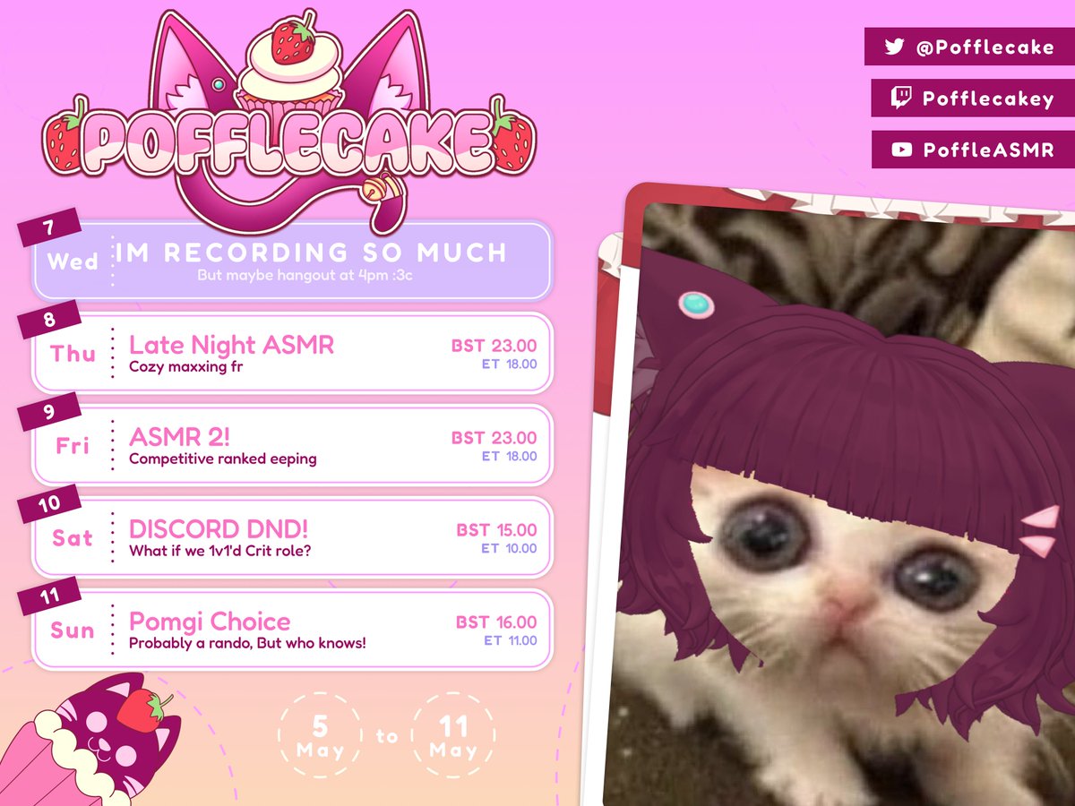 ꒰SCHEDULE TIME꒱

lots of asmr &amp; vibing 
ฅ^•ﻌ•^ฅ 
▷twitch.tv/pofflecakeyᐊ
▷youtube.com/@PoffleASMRᐊ