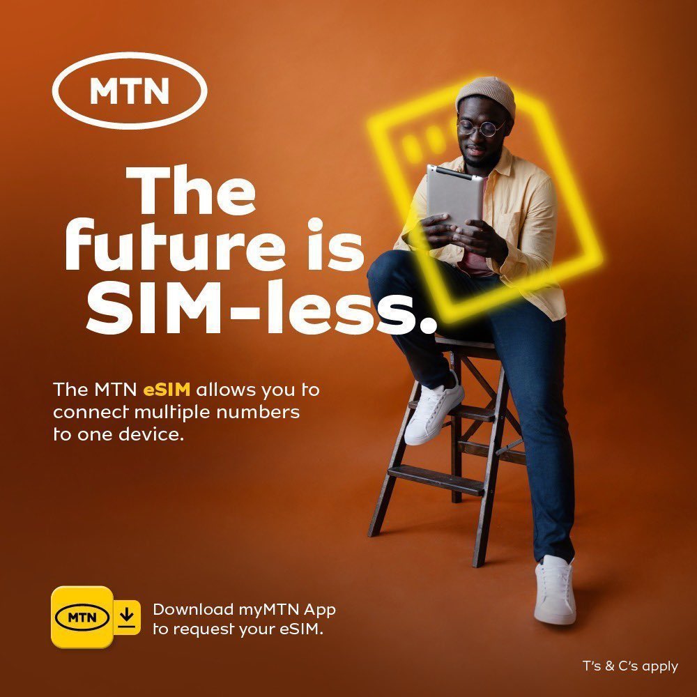 Welcome to a SIM-less future! Enjoy multiple numbers on a single device—how awesome is that? 😎

Just ask for your eSIM via the myMTN app; it’s both safe and user-friendly.

Get your eSIM here: mymtn.onelink.me/cB5t/MTN4G1

T's &amp; C's apply.