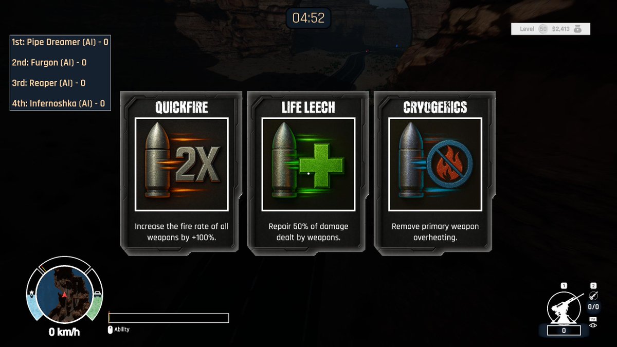 Added 10 augments to shake things up during each playthrough. I'm taking suggestions for more

- Quickfire
- Life Leech
- Cryogenics
- Double Boost
- Enhanced Powertrain
- Tesla Coil
- RCS
- Ability Shield
- Electronic Stabilizer
- EMP

#PCGaming #indiegame #MadMax #TwistedMetal