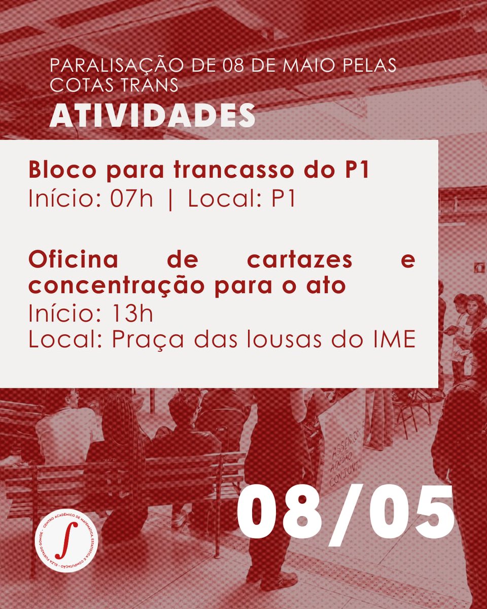 camat_usp's tweet photo. 07h - Trancasso do P1
Local: P1

13h - Oficina de cartazes e concentração pro ato
Local: Praça das Lousas https://t.co/M6pEBgCCpG