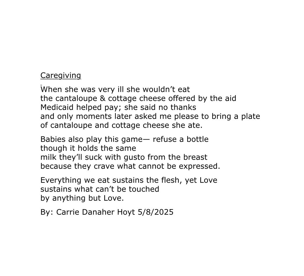 ✍️😊 Happy <a href="/PoetsonThursday/">Victoria Leigh Bennett-- PoetsonThursday</a> Friends!

(Maybe?) on topic for today’s optional theme (a happy time) I’m sharing “Caregiving” (nearly titled “Caretaking”)… giving-taking… happy time-sad time… 

I look forward to reading your poems✍️💛🌻

#poem #poetry #care #giving #Love