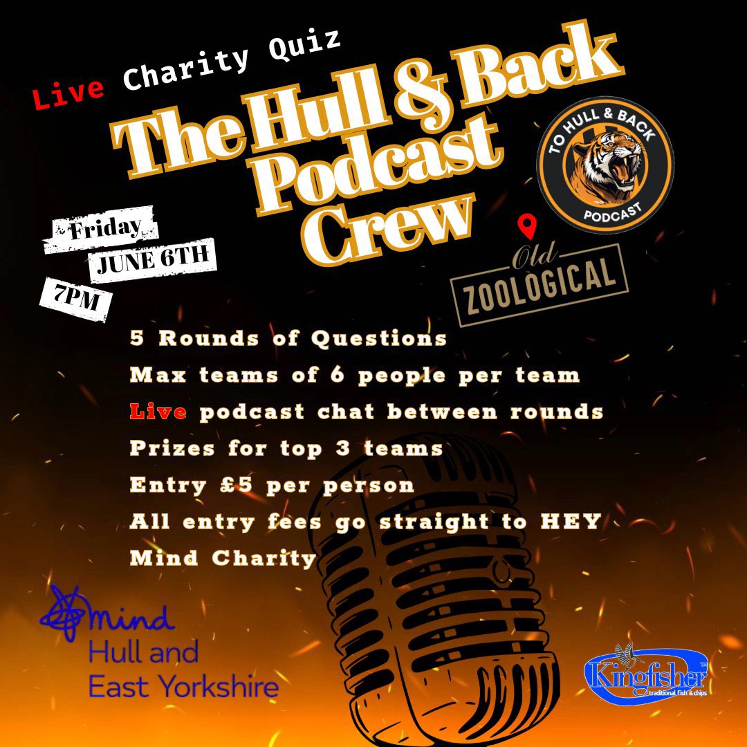 To Hull & Back Podcast (@hull_and_back) on Twitter photo 𝐇𝐮𝐥𝐥 𝐂𝐢𝐭𝐲 𝐂𝐡𝐚𝐫𝐢𝐭𝐲 𝐐𝐮𝐢𝐳 💭
Fancy yourself as a Hull City expert? We’re excited to announce that we will be hosting a Hull City Trivia Quiz to raise money for <a href="/MindHEY/">Hull & E. Yorks Mind</a> Mental Health Charity
It’s £5 to enter the quiz and you can form teams of up to 6 people 𝐇𝐮𝐥𝐥 𝐂𝐢𝐭𝐲 𝐂𝐡𝐚𝐫𝐢𝐭𝐲 𝐐𝐮𝐢𝐳 💭
Fancy yourself as a Hull City expert? We’re excited to announce that we will be hosting a Hull City Trivia Quiz to raise money for <a href="/MindHEY/">Hull & E. Yorks Mind</a> Mental Health Charity
It’s £5 to enter the quiz and you can form teams of up to 6 people
