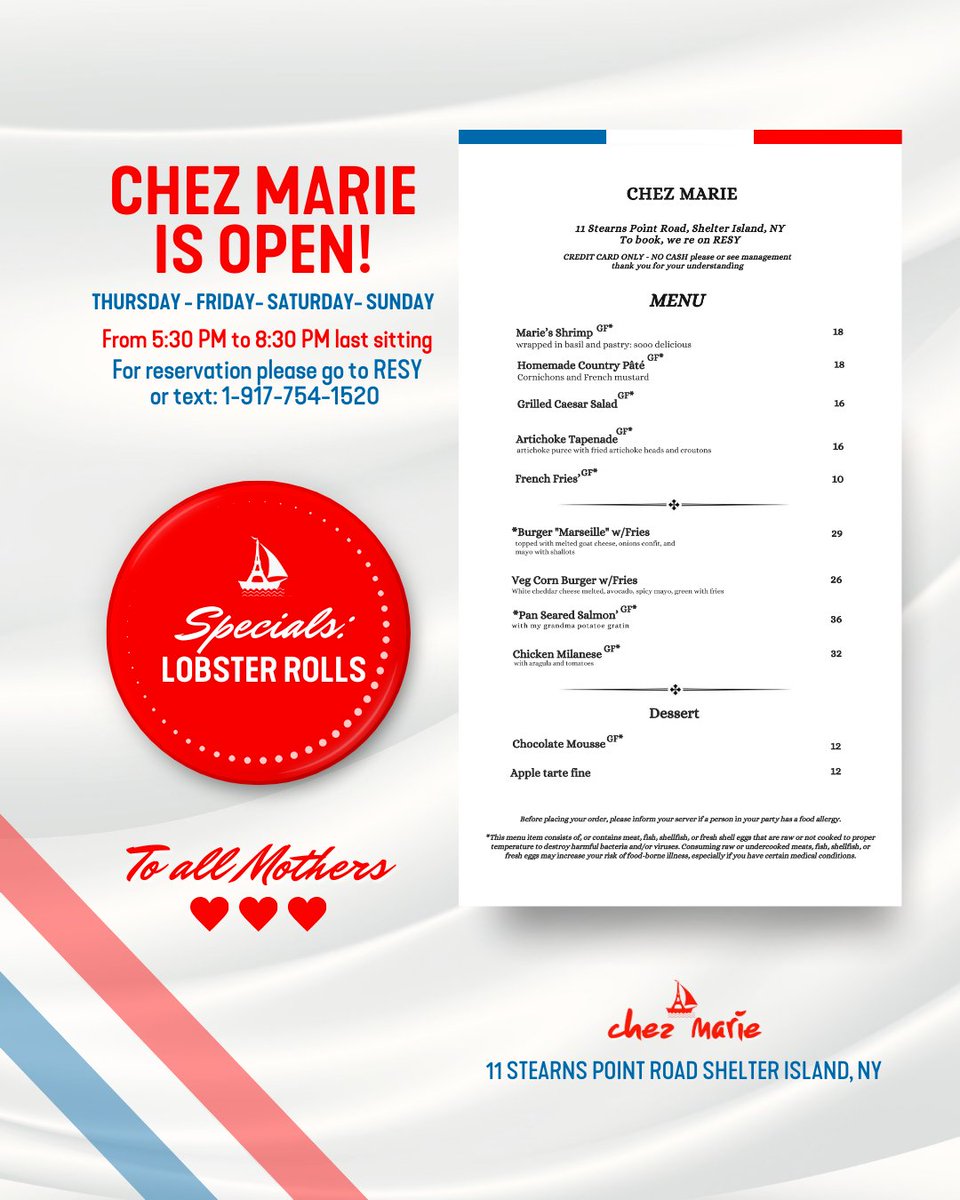 marieeiffel's tweet image. ✨CHEZ MARIE IS OPEN!✨
Join us Thursday to Sunday from 5:30 PM to 8:30 PM (last sitting).
Chic evenings, fabulous flavors, unforgettable moments.
Reserve on RESY or text us at 1-917-754-1520 💫
#ChezMarie #EveningVibes #MarieEiffel #ShelterIslandDining