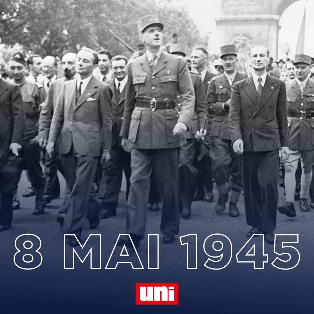 🇫🇷 ☨ N’oublions jamais ceux qui se sont battus pour défendre la France et lui permettre de retrouver sa liberté.

En ce jour de commémoration de la victoire du 8 mai 1945 nous leur rendons hommage, ainsi qu'aux résistants et compagnons de la Libération qui ont accompagné l'UNI.