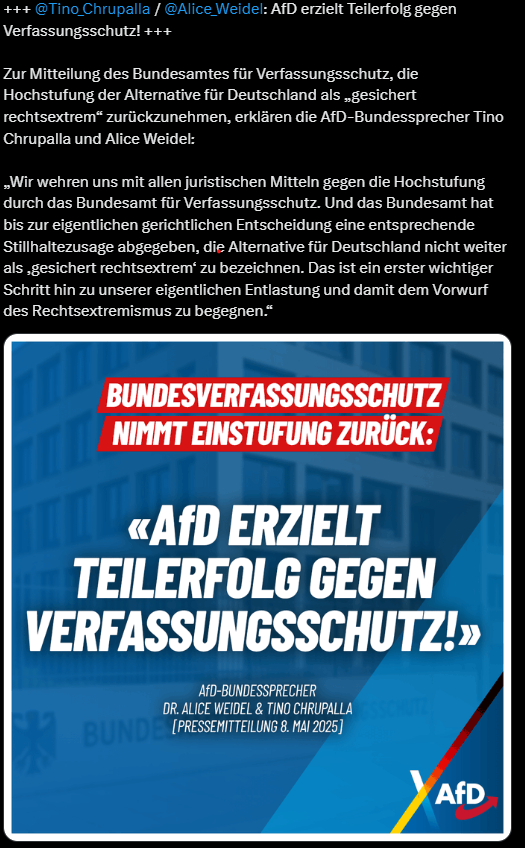 Die <a href="/AfD/">AfD</a> hat gerade diesen Post gelöscht. Warum? Sicherlich auch, weil es keine Rücknahme, sondern Stillhaltezusage ist. Kennzeichen unserer Demokratie: Auch die AfD darf sich gegen eine solche Einstufung rechtlich zur Wehr setzen. Das wird Viele in der rechten Bubble überfordern