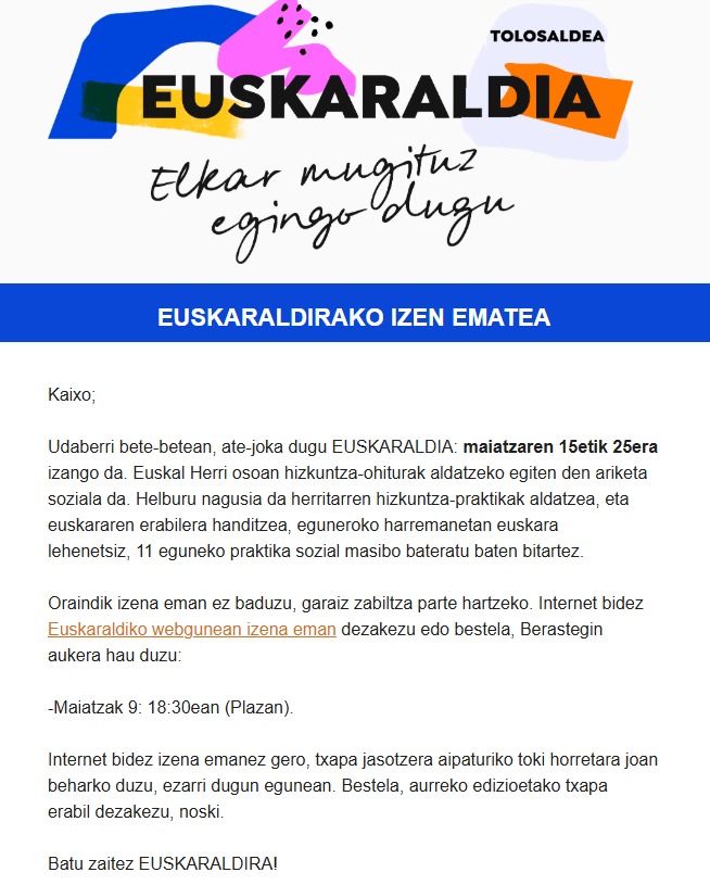 BATU ZAITEZ EUSKARALDIRA!

Oraindik izena eman ez baduzu, garaiz zabiltza!
📲 Internet bidez: izenematea.euskaraldia.eus
📝 Bihar 18:30ean plazan.