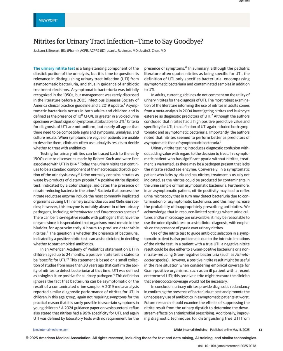 🧪🚫 ¿Hora de decir adiós a los nitritos en ITU?
🔹 El test de nitritos en orina lleva décadas usándose, pero no distingue entre infección urinaria (ITU) verdadera y bacteriuria asintomática.
🔹 ❌ Muchos estudios y guías usan definiciones de ITU que no requieren síntomas, lo