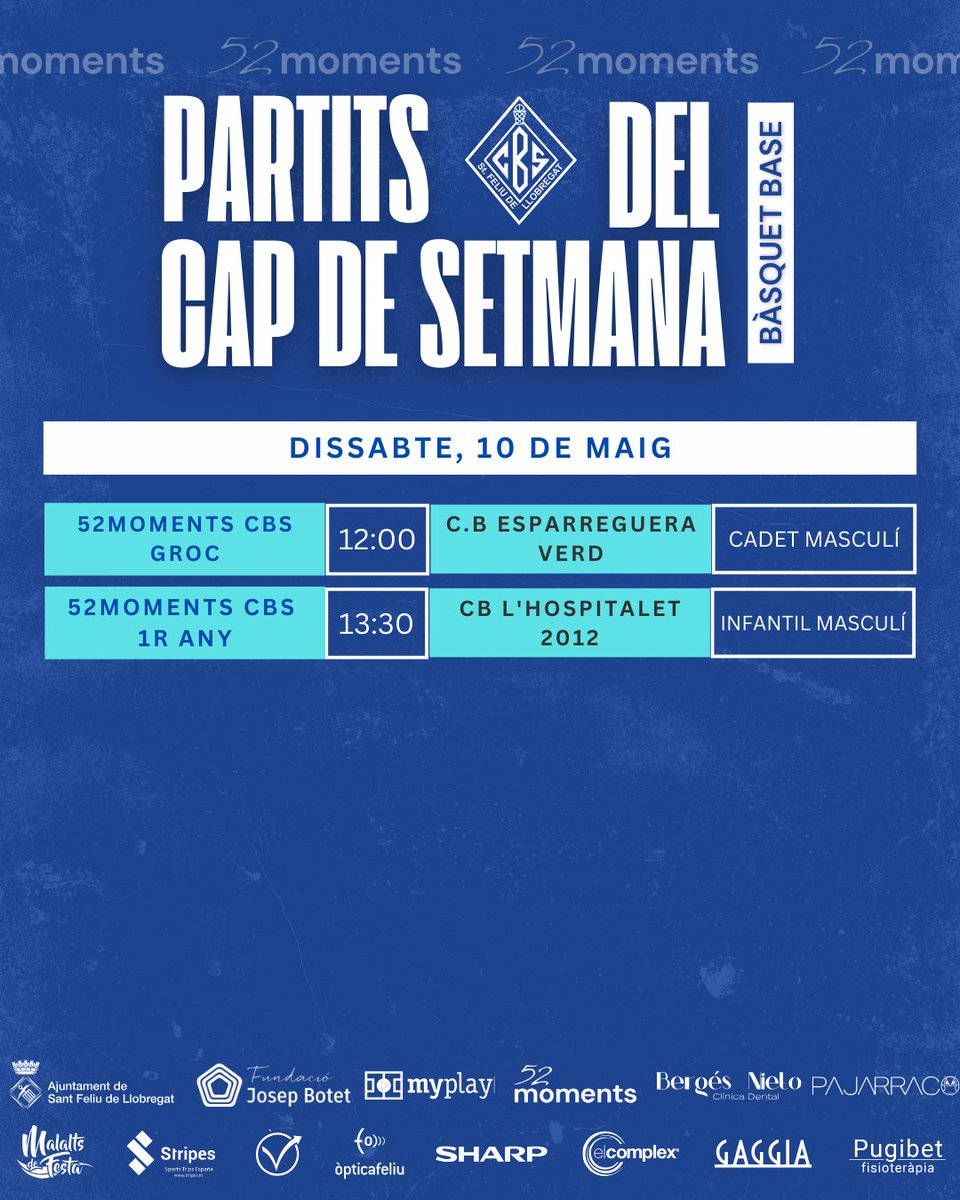 cbsantfeliuenc's tweet photo. 📊 Aquests són els partits del cap de setmana del nostre bàsquet base 🔵⚪ i @FCBbasket_fem 🏀🤞
🏀 #52moments #FemClubFemAfició #Base #CBS #98anys #CamidelCentenari #Bàsquet #game #esports #sports #partits #barcelona https://t.co/mB5h4pOl9W