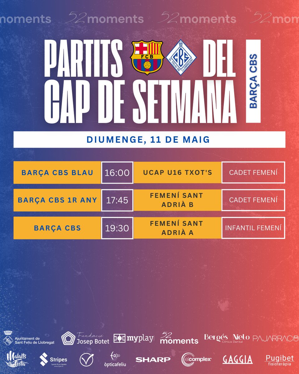 CB Santfeliuenc (@cbsantfeliuenc) on Twitter photo 📊 Aquests són els partits del cap de setmana del nostre bàsquet base 🔵⚪ i <a href="/FCBbasket_fem/">Barça CB Santfeliuenc</a> 🏀🤞
🏀 #52moments #FemClubFemAfició #Base #CBS #98anys #CamidelCentenari #Bàsquet #game #esports #sports #partits #barcelona 📊 Aquests són els partits del cap de setmana del nostre bàsquet base 🔵⚪ i <a href="/FCBbasket_fem/">Barça CB Santfeliuenc</a> 🏀🤞
🏀 #52moments #FemClubFemAfició #Base #CBS #98anys #CamidelCentenari #Bàsquet #game #esports #sports #partits #barcelona