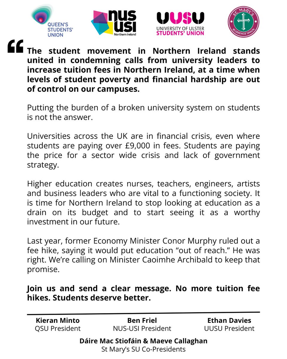 Putting the burden of a broken university system on students is not the answer.
 
Join us Students' Unions from across NI in condemning calls for fee increases, at a time when student poverty is out of control. 

Sign the petition and share widely: nus-usi.org/dont-increase-…