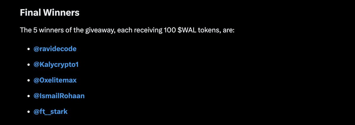 Sui India (@suiindia) on Twitter photo Congratulations to the winners of the giveaway, each receiving 100 $WAL tokens, are:
<a href="/ravidecode/">Ravi Decodes</a>
<a href="/Kalycrypto1/">Kaly</a>
<a href="/0xelitemax/">yek_DeFฤฐ</a>
<a href="/IsmailRohaan/">superentoy</a>
<a href="/ft__stark/">Stark</a>
winners are selected by grok : Congratulations to the winners of the giveaway, each receiving 100 $WAL tokens, are:
<a href="/ravidecode/">Ravi Decodes</a>
<a href="/Kalycrypto1/">Kaly</a>
<a href="/0xelitemax/">yek_DeFฤฐ</a>
<a href="/IsmailRohaan/">superentoy</a>
<a href="/ft__stark/">Stark</a>
winners are selected by grok :