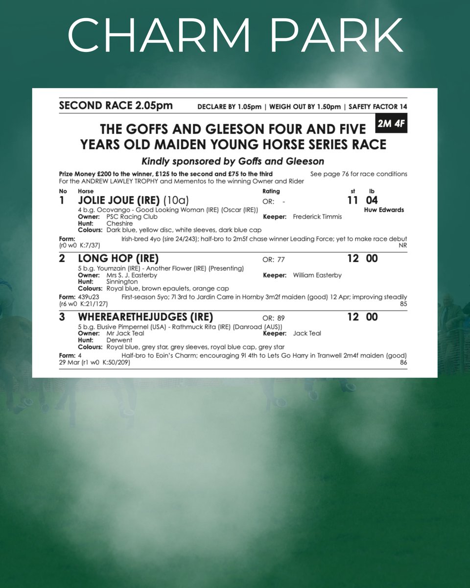 Entries for the <a href="/GoffsUK/">Goffs UK</a> Spring Sale 4 &amp; 5 year old Maiden Young Horse Series at Upcott Cross and at Charm Park on Sunday 🐎

#GBpointing