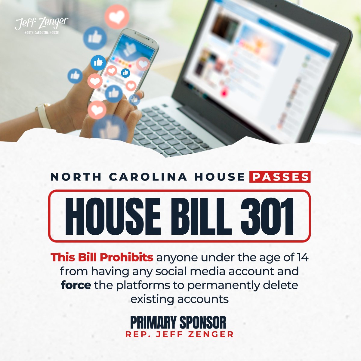 House Bill 301 has Passed the North Carolina House! 📲

This Bill Prohibits anyone under the age of 14 from having any social media account and force the platforms to permanently delete existing accounts.

#ncpol