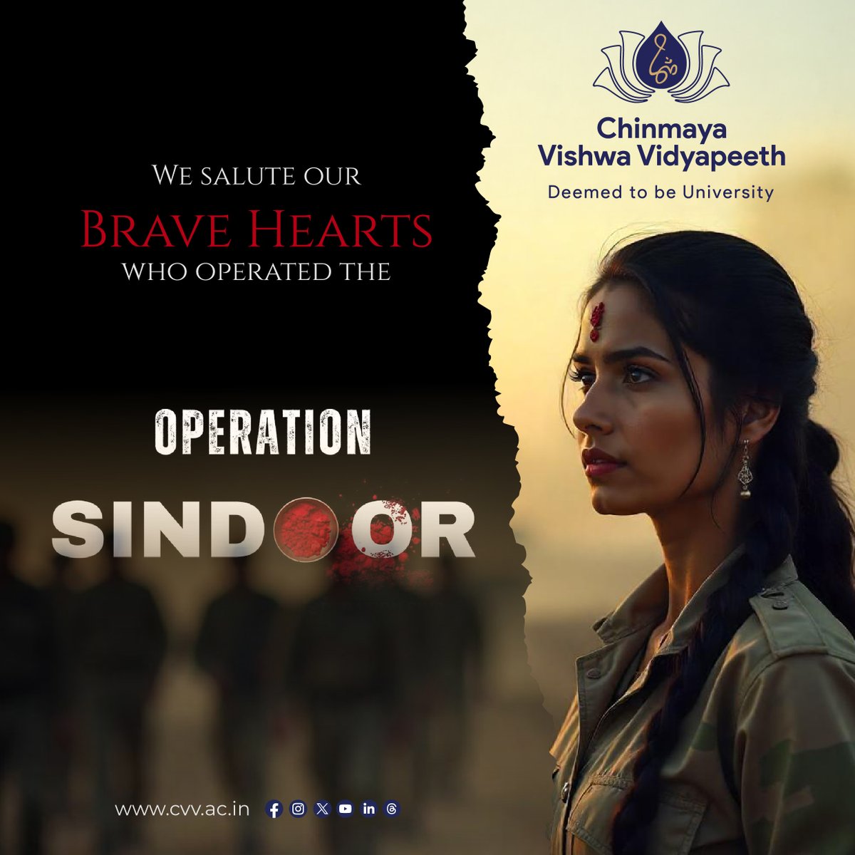 Chinmaya_VV's tweet image. Chinmaya Vishwa Vidyapeeth salutes the spirit of #OperationSindoor — a shining example of India’s unwavering dedication to protecting her people.
We deeply appreciate the courage and commitment behind such missions.
@ugc_india @gopukumartweets
#UGC #IndianMilitary #cvv
