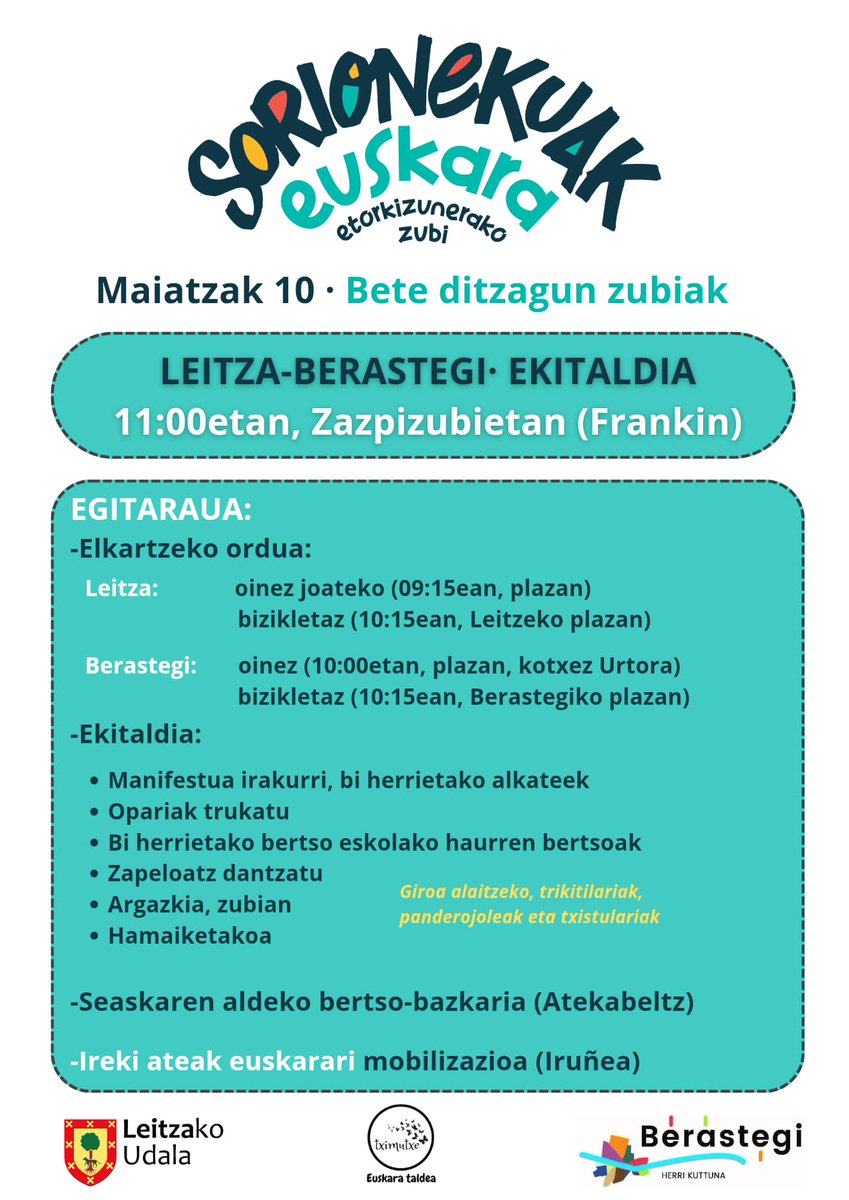 Maiatzaren 10ean, Sorioneku dinamikak zubiak euskaraz betetzera deitu du eta guk ere ekimenarekin bat egingo dugu! 
Leitzarrak eta berastegiarrok Zazpizubieta zubia (Franki inguruan) beteko dugu.