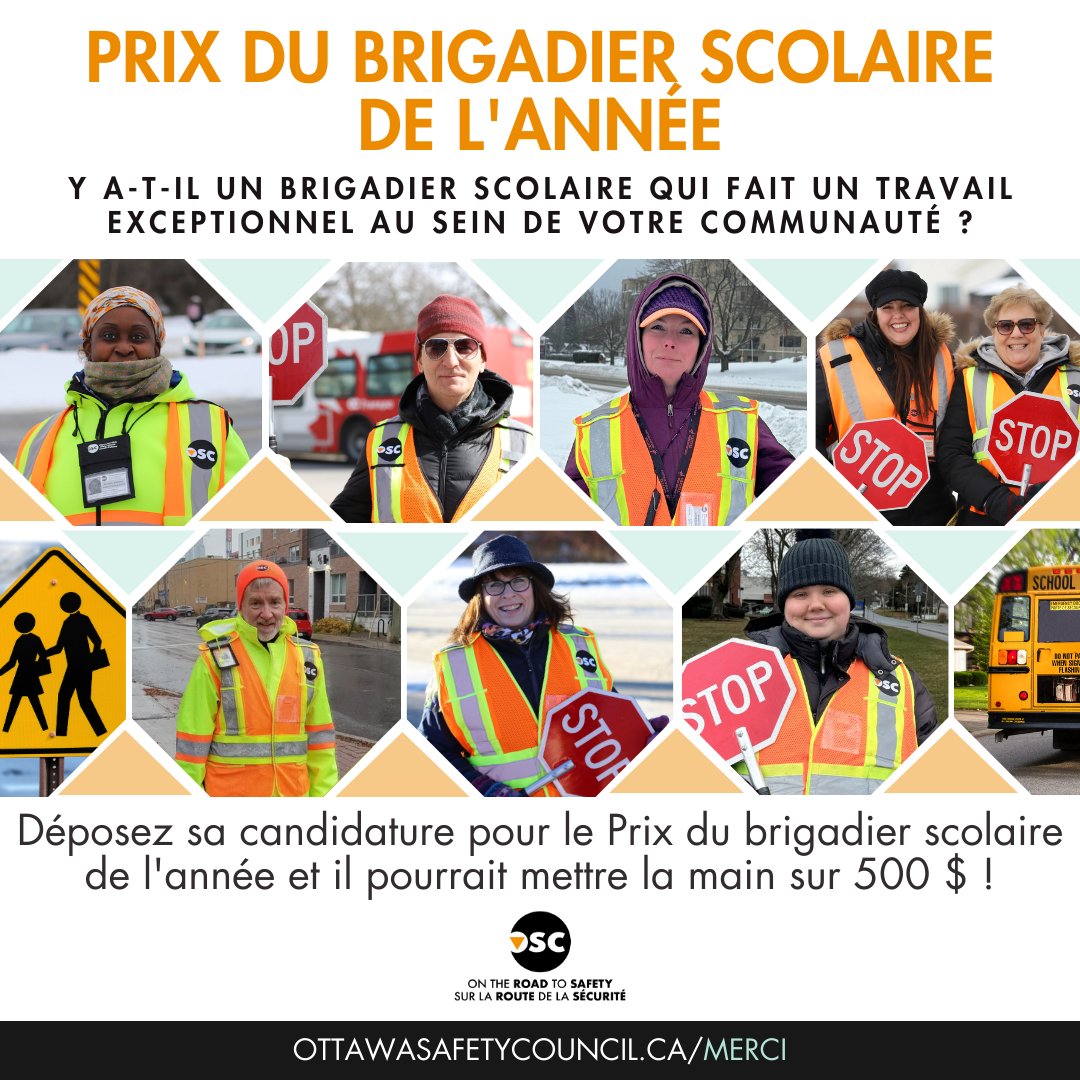 🚦 OSC's Crossing Guard of the Year Contest 🚦

Know a Crossing Guard in Ottawa or Brockville who goes above &amp; beyond? 

Nominate them here: ottawasafetycouncil.ca/thankyou/

Nominations close May 16th!

#CrossingGuardOfTheYear #OSC #CommunityHeroes