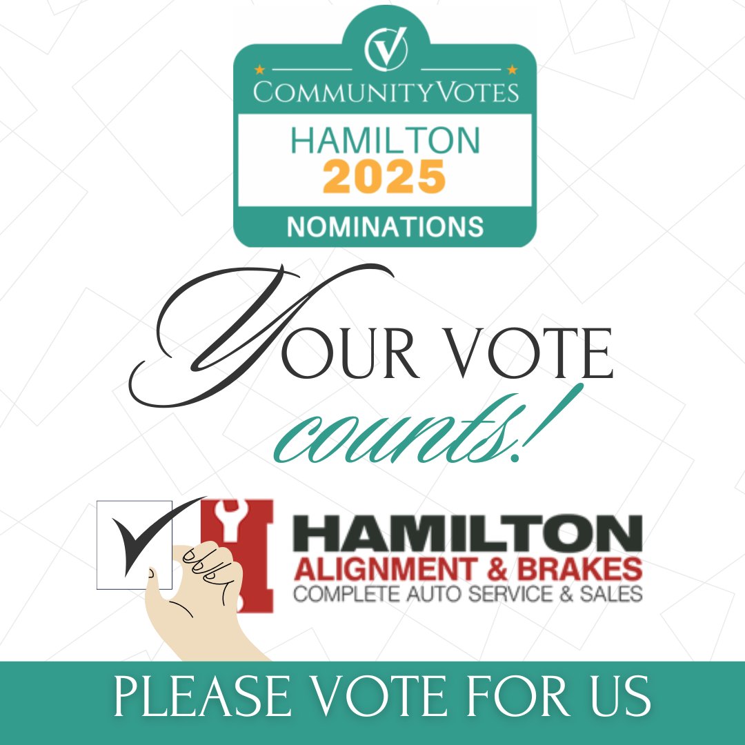 Community Votes Hamilton 2025 nominated us for brakes, tires, repairs, oil changes and more.
We need your help to win.
Please have your votes in before Sunday, May 18
Please click the link and vote Hamilton Alignment &amp; Brakes.
We thank you in advance.
bit.ly/3Cmn88g