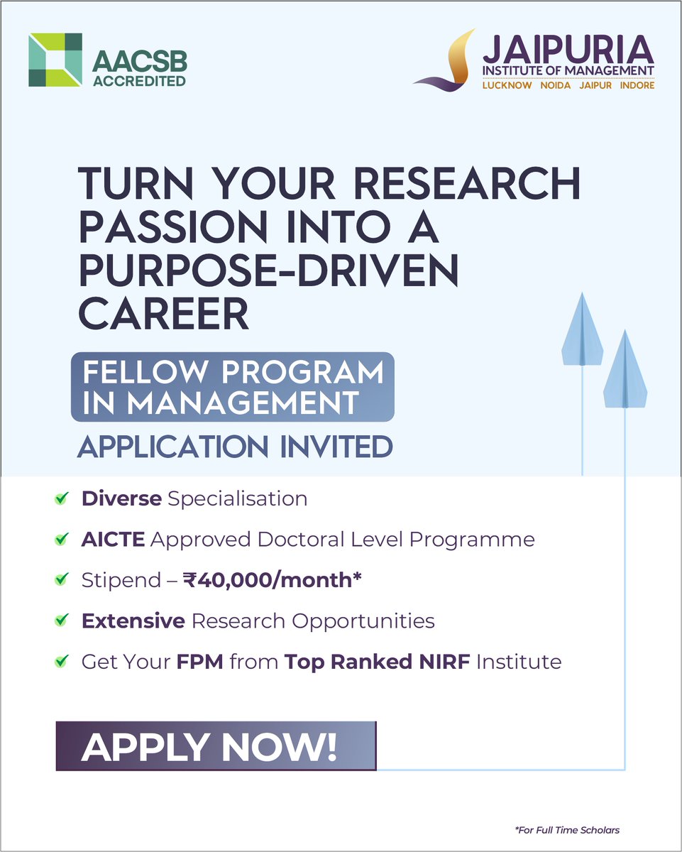 Turn your research mindset into a career mission.
Join #JaipuriaFPM and become the scholar the world needs.
🗓️ Apply by 31 May 2025
🔗 jaipuria.ac.in/fellow-program…

#PhDOpportunity #ManagementResearch #DoctoralProgram #HigherEd