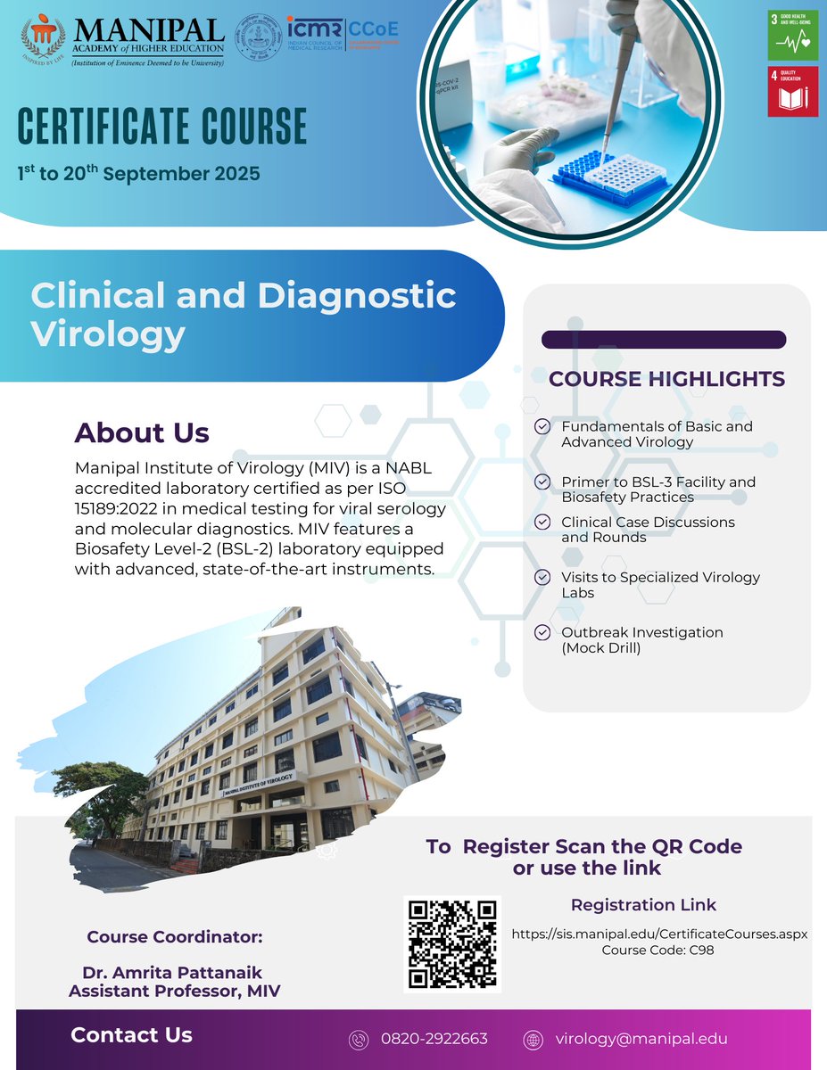MIV, Manipal (@mivmahe) on Twitter photo The Manipal Institute of Virology (MIV) is offering a comprehensive three-week Clinical & Diagnostic Virology Certificate Course from 1st to 20th September 2025. Learn from experts, gain hands-on lab experience and get primer on BSL-3. Register now to secure your seat! The Manipal Institute of Virology (MIV) is offering a comprehensive three-week Clinical & Diagnostic Virology Certificate Course from 1st to 20th September 2025. Learn from experts, gain hands-on lab experience and get primer on BSL-3. Register now to secure your seat!