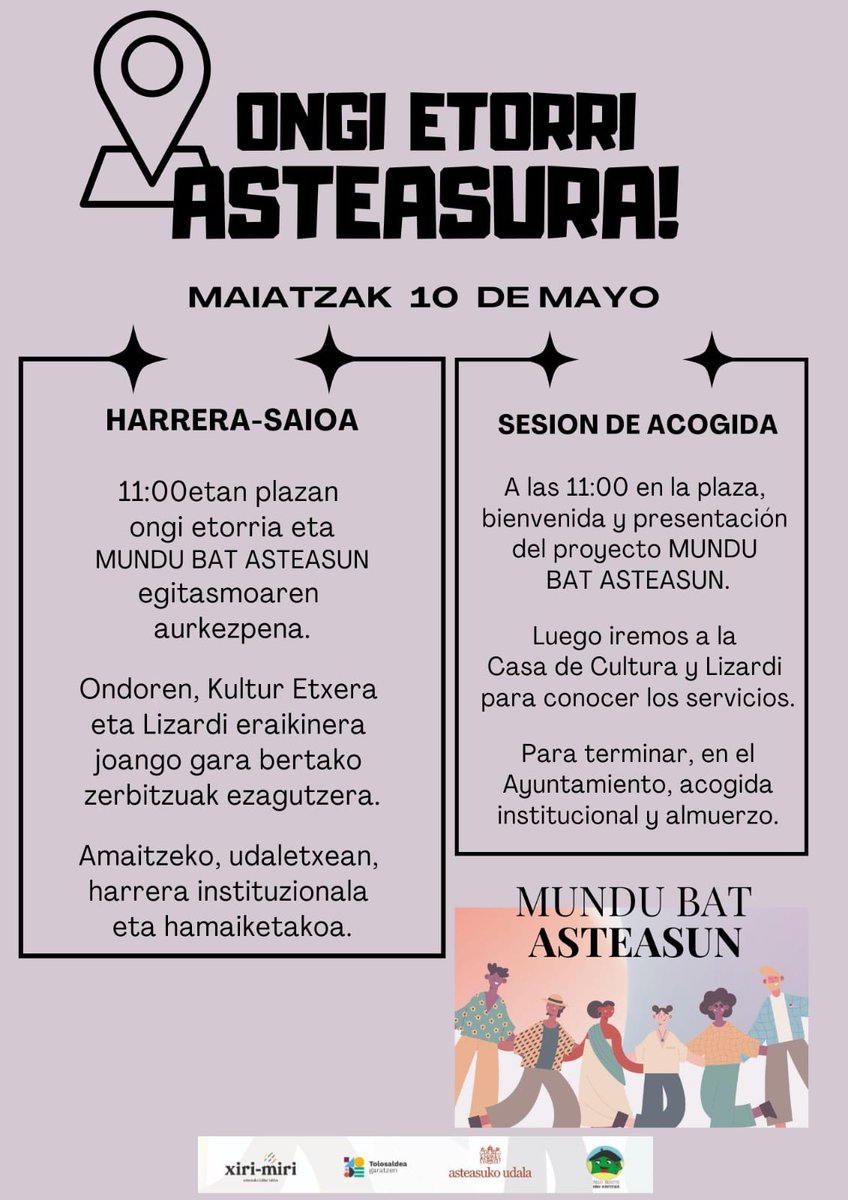 Datorren maiatzaren 10ean, 11:00etan, Asteasuko plazan emango zaio hasiera ongi etorri ekitaldiari, zeinetan MUNDU BAT ASTEASUN proiektuaren xehetasunak aurkeztuko diren.