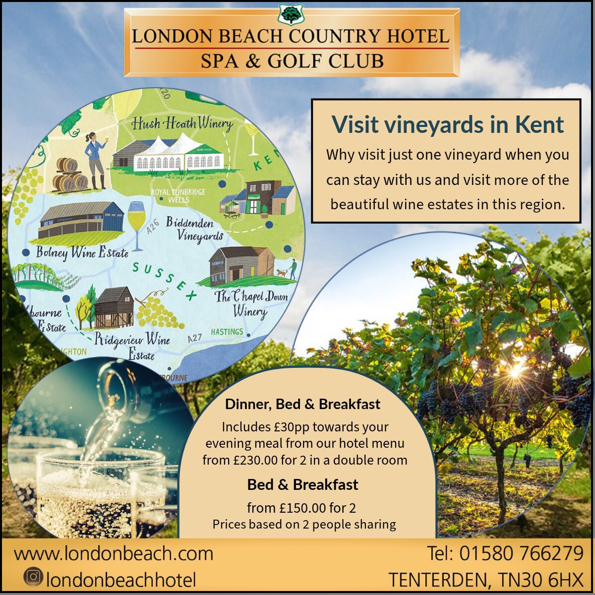 Discover English wines in Kent, home to some of the finest vineyards! Experience the charm of wine country by staying at London Beach Hotel in #Tenterden. Immerse yourself in local vineyard tours and tastings. Don’t miss out—call 01580766279 to secure your unforgettable getaway!
