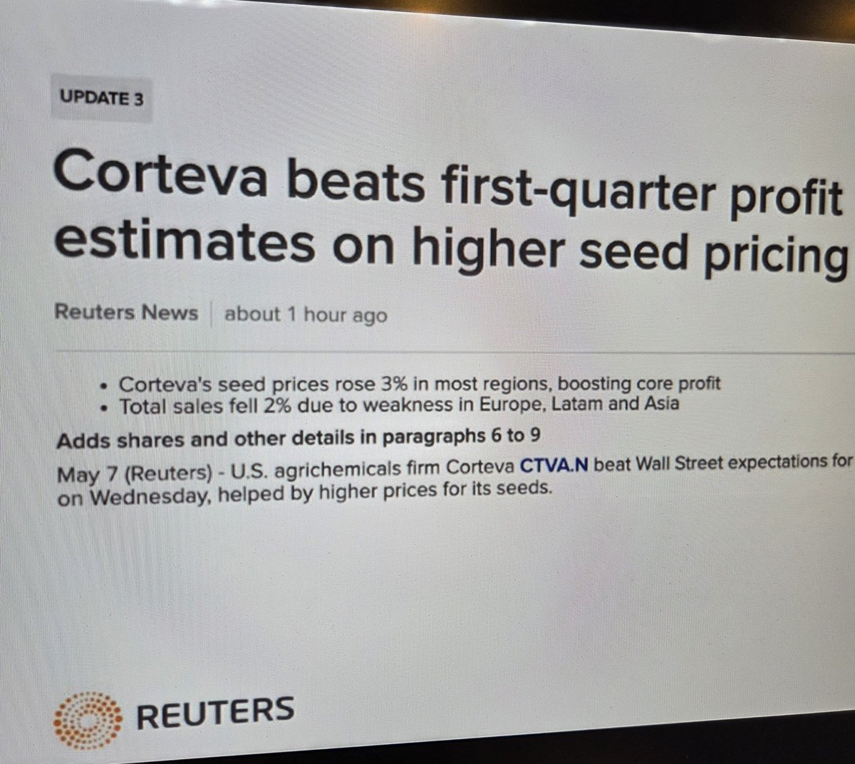 Sure makes me feel warm and fuzzy. Corteva beats first quarter profit estimates by 3% and their stock price is up 10% YTD. As they discontinue and limit availability of their older affordable products and push more of their line over $300 a bag.