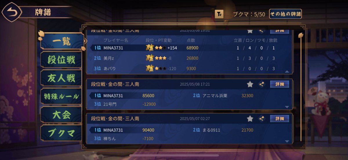 5連トップ獲れてた👑

三麻雀傑3昇段戦はもうすぐかな？^  ̫^