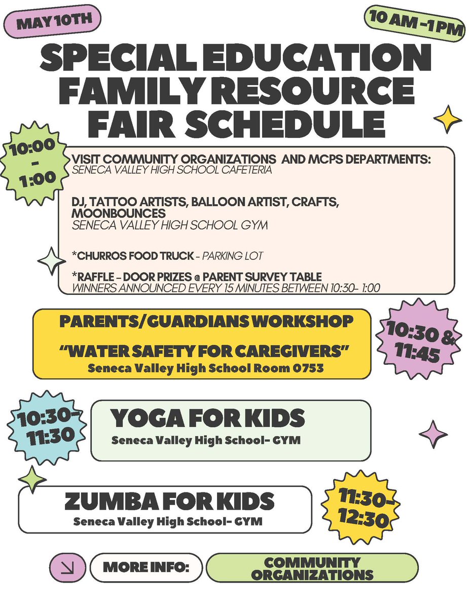 MCPSMDSpecialEd's tweet image. Join us this Saturday, May 10 for our MCPS Special Education Family Resource Fair at Seneca Valley High School from 10AM to 1PM. Packed with resources for parents/guardians, meet community leaders & activities for all. Attendance is FREE. Event website: sites.google.com/mcpsmd.net/se-…