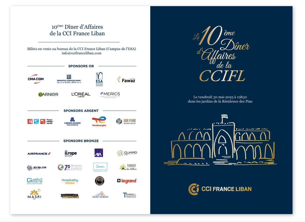CCI France Liban (@ccifranceliban) on Twitter photo Ne ratez pas le Dîner d’Affaires de la CCIFL, une occasion unique d'élargir votre réseau, profiter d’un cadre élégant et passer un moment agréable entre professionnels.
👉🏻 info@ccifranceliban.com | ccifranceliban.com
Un grand merci à nos sponsors pour leur soutien continu! Ne ratez pas le Dîner d’Affaires de la CCIFL, une occasion unique d'élargir votre réseau, profiter d’un cadre élégant et passer un moment agréable entre professionnels.
👉🏻 info@ccifranceliban.com | ccifranceliban.com
Un grand merci à nos sponsors pour leur soutien continu!