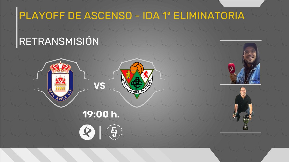 Extremadura en Juego (@enjuegocex) on Twitter photo EL SHOW DEBE DE COMENZAR |
🏟️Estadio Adolfo Suárez
⚽️ <a href="/RealAvilaCF/">Real Ávila CF</a> - <a href="/CPCacerenoSAD/">CP Cacereño</a>
🎙️ <a href="/fernandosb9/">F.Sosa</a> y <a href="/avilarojas81/">Miguel Angel Avila Rojas</a>
➡️Un ilusionante Cacereño inicia el sábado en Ávila los playoffs de ascenso a 1ª RFEF.
📻¡Lo contaremos en <a href="/enjuegoCEX/">Extremadura en Juego</a> ! EL SHOW DEBE DE COMENZAR |
🏟️Estadio Adolfo Suárez
⚽️ <a href="/RealAvilaCF/">Real Ávila CF</a> - <a href="/CPCacerenoSAD/">CP Cacereño</a>
🎙️ <a href="/fernandosb9/">F.Sosa</a> y <a href="/avilarojas81/">Miguel Angel Avila Rojas</a>
➡️Un ilusionante Cacereño inicia el sábado en Ávila los playoffs de ascenso a 1ª RFEF.
📻¡Lo contaremos en <a href="/enjuegoCEX/">Extremadura en Juego</a> !