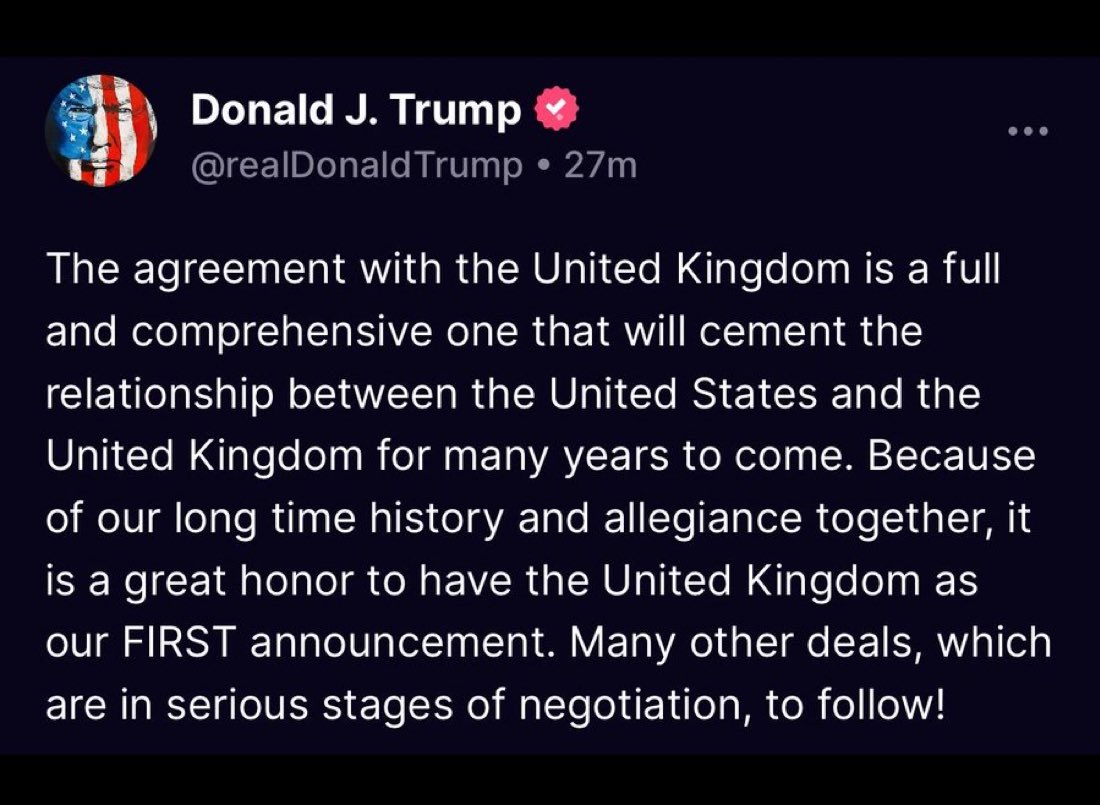 We enjoy a trade surplus with UK, meaning we export more than we import. And they only represent 3% of our overall global trade.

It’s not a trade deal. It’s a framework that must be approved by Congress.

Typical symbolic “win” with little significance. It’s a photo op.