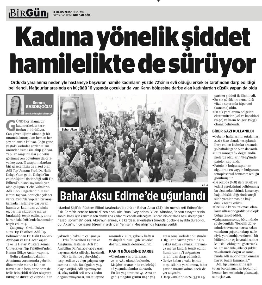 Kadına yönelik şiddet hamilelikte de sürüyor. Semra Kardeşoğlu’nun haberi. Editörlüğünü yaptığım Adli Tıp Bülteni’nin son sayısında Ordu Üniversitesi’nden Doç.Dr. Hacer Teke ve arkadaşlarının “Gebe Vakaların Adli Tıbbi Değerlendirilmesi” <a href="/BirGun_Gazetesi/">BirGün Gazetesi</a> 
birgun.net/makale/kadina-…