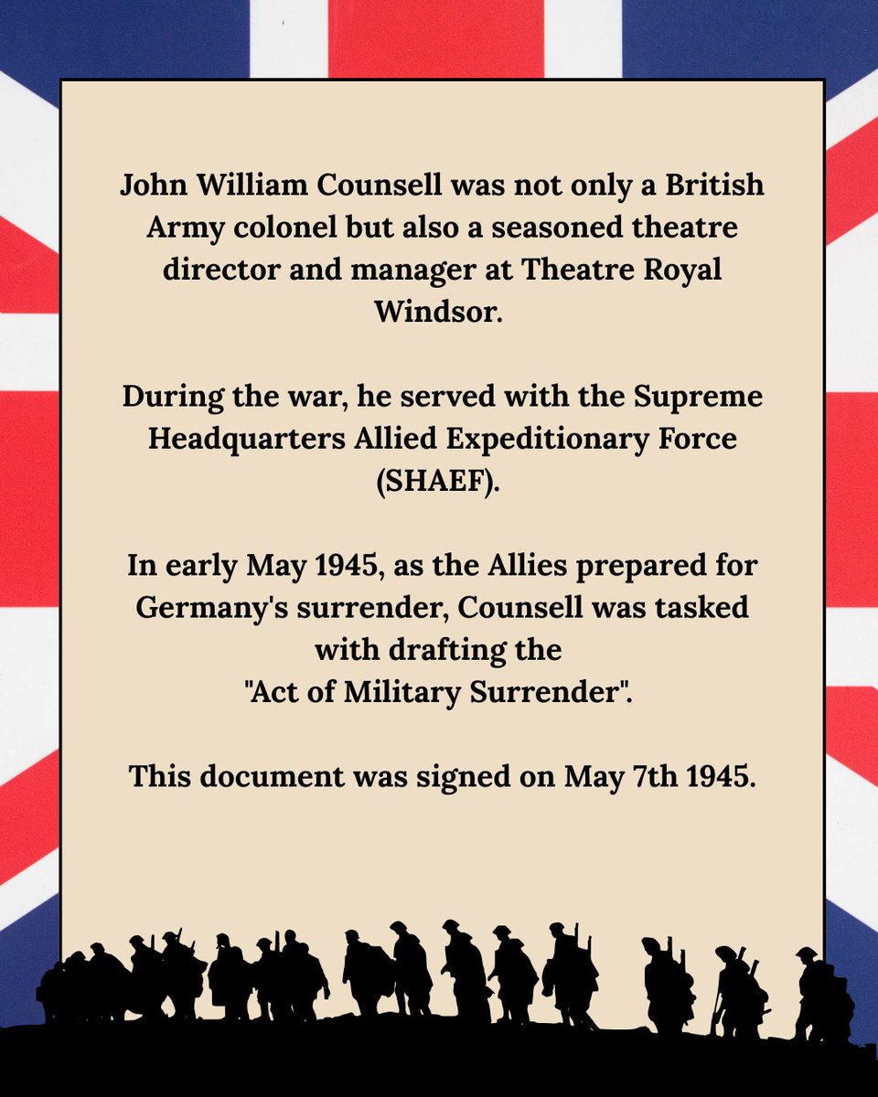 🗓️ Today marks 80 years since VE Day. We’re proud to remember Colonel John Counsell - Theatre Royal Windsor’s former manager - who played a key role in drafting the WWII surrender document signed on 7 May 1945.

📸 Windsor Museum
#VEDay #VEDay80 #veday80thanniversary
