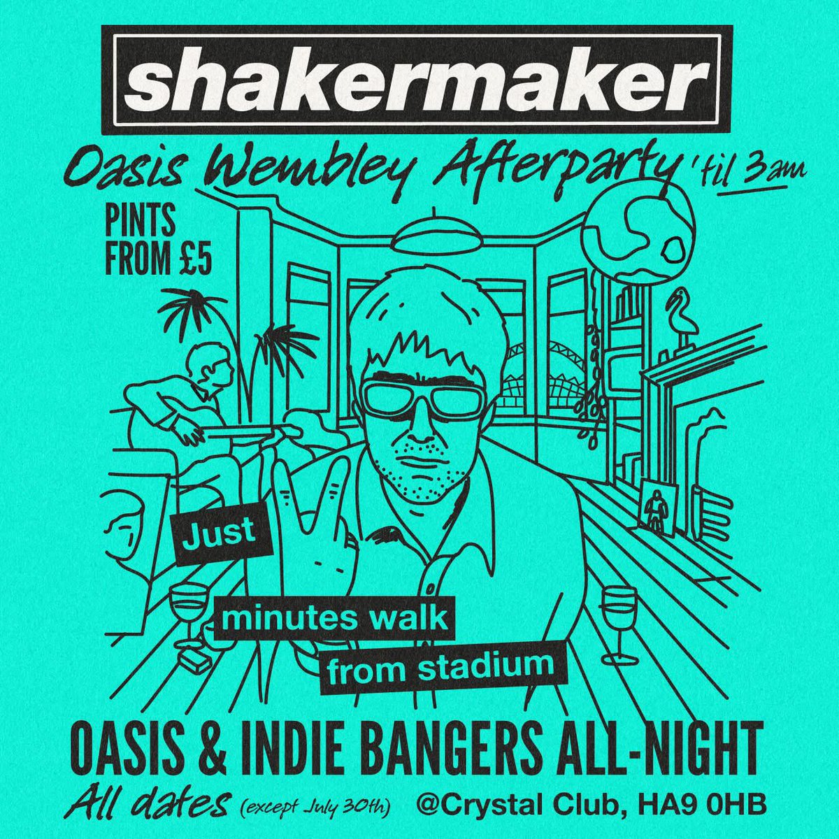 Oasis Aftershow parties on sale now! 

Tickets for all shows <a href="/dicefm/">DICE</a> link.dice.fm/b365413a6395 

Venue is 2min walk from Wembley Stadium! 

Avoid the crowds &amp; queues heading home and join us for an Oasis, Britpop, Indie Disco till 3am!