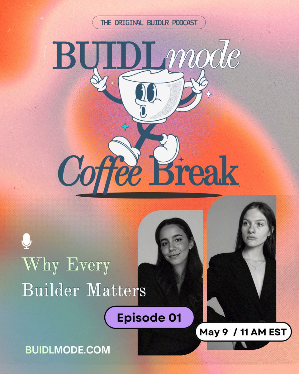 buidlmode's tweet image. We’re live this Friday!
BUIDLMODE Coffee Break
Episode 01 drops May 9 at 11AM EST

→ Why Every Builder Matters
→ Why BUIDLMODE exists
 → Why the ecosystem needs every role

Hosted by @VanHoVibes &amp;amp; @luacantu

Bring your coffee (or tea) and let’s talk BUIDL.