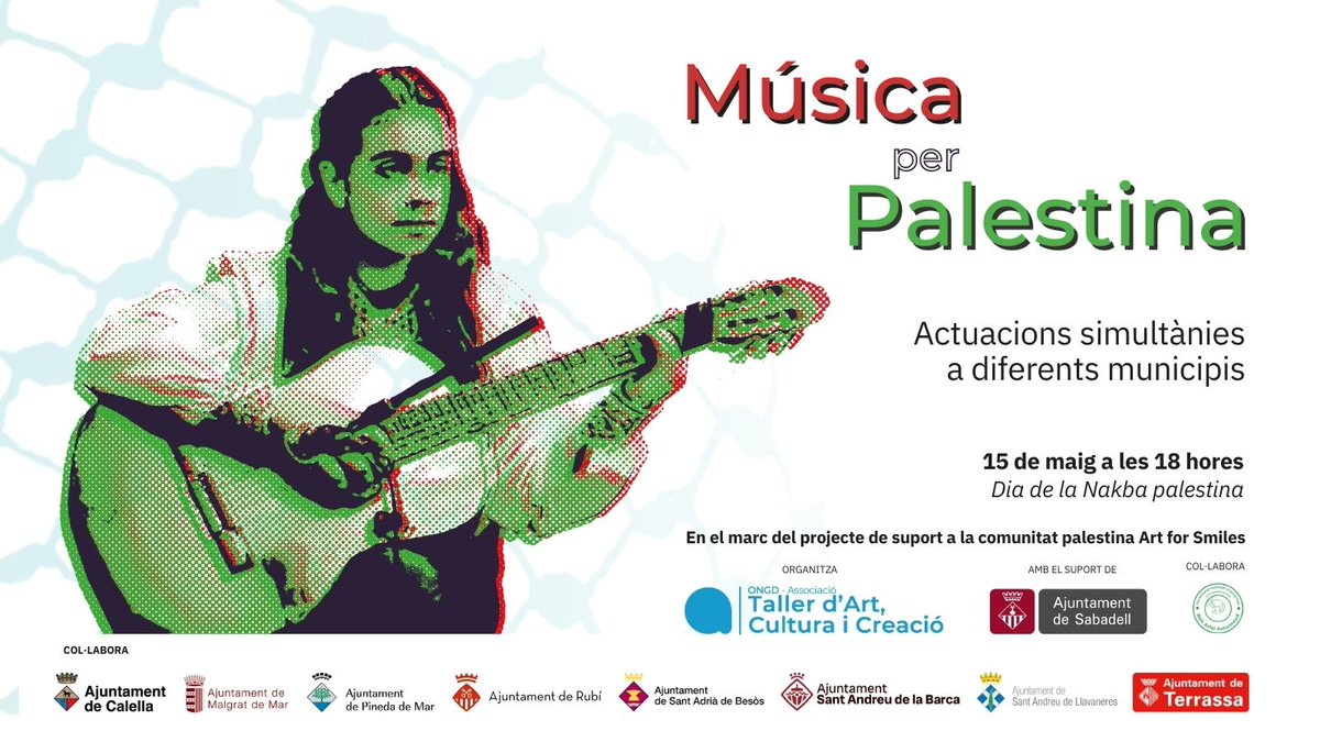 🎶 'Música per Palestina' ja és aquí 🇵🇸

Amb motiu de la commemoració de la Nakba i com a mostra de solidaritat amb el poble palestí organitzem actuacions musicals simultànies 

📅 Dimecres 15 de maig
🕕 A les 18 hores
 
A 9 municipis ⬇️