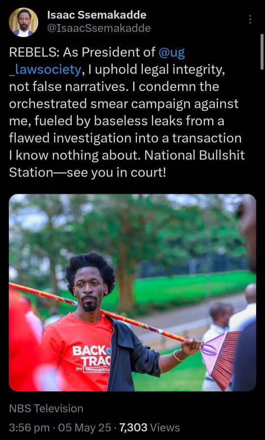 Egesa Ronald Leonard (@regesa) on Twitter photo What you are missing in the Ssemakadde story.
—————————————————————
When <a href="/IsaacSsemakadde/">Isaac Ssemakadde</a> stepped forward to contest for the <a href="/ug_lawsociety/">Uganda Law Society</a> Presidency in 2024, he spoke like a man possessed. He was a man on a mission - a noble mission to sanitise the <a href="/JudiciaryUG/">Judiciary Uganda</a> by redefining What you are missing in the Ssemakadde story.
—————————————————————
When <a href="/IsaacSsemakadde/">Isaac Ssemakadde</a> stepped forward to contest for the <a href="/ug_lawsociety/">Uganda Law Society</a> Presidency in 2024, he spoke like a man possessed. He was a man on a mission - a noble mission to sanitise the <a href="/JudiciaryUG/">Judiciary Uganda</a> by redefining