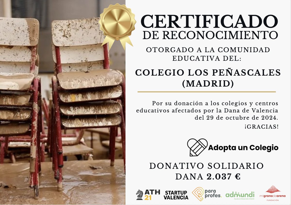 Dani Perello (@_danivlc_) on Twitter photo 6 meses después,...
Seguimos ayudando a los colegios afectados por la DANA de Valencia desde <a href="/AdoptaUnCole/">Adopta Un Colegio</a>. En esta ocasión, muchas gracias al Colegio Los Peñascales, alumnado y familias que han recogido 2.037€ que han ido directos al CEIP Amparo Alabau de Alaquás que además 6 meses después,...
Seguimos ayudando a los colegios afectados por la DANA de Valencia desde <a href="/AdoptaUnCole/">Adopta Un Colegio</a>. En esta ocasión, muchas gracias al Colegio Los Peñascales, alumnado y familias que han recogido 2.037€ que han ido directos al CEIP Amparo Alabau de Alaquás que además