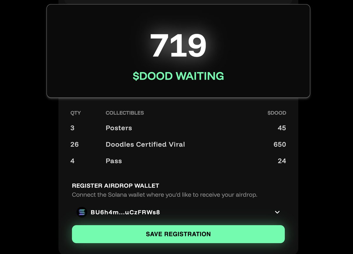 Pre-register for Doodles $dood Airdrop 

🪂Go to dood.doodIes.io
🪂Connect your EVM and Solana wallets 
🪂Scroll down and link the solana wallet you want to receive your allocation on

Even if it's showing 0 $dood
Register it

The Solana checker is not out yet.