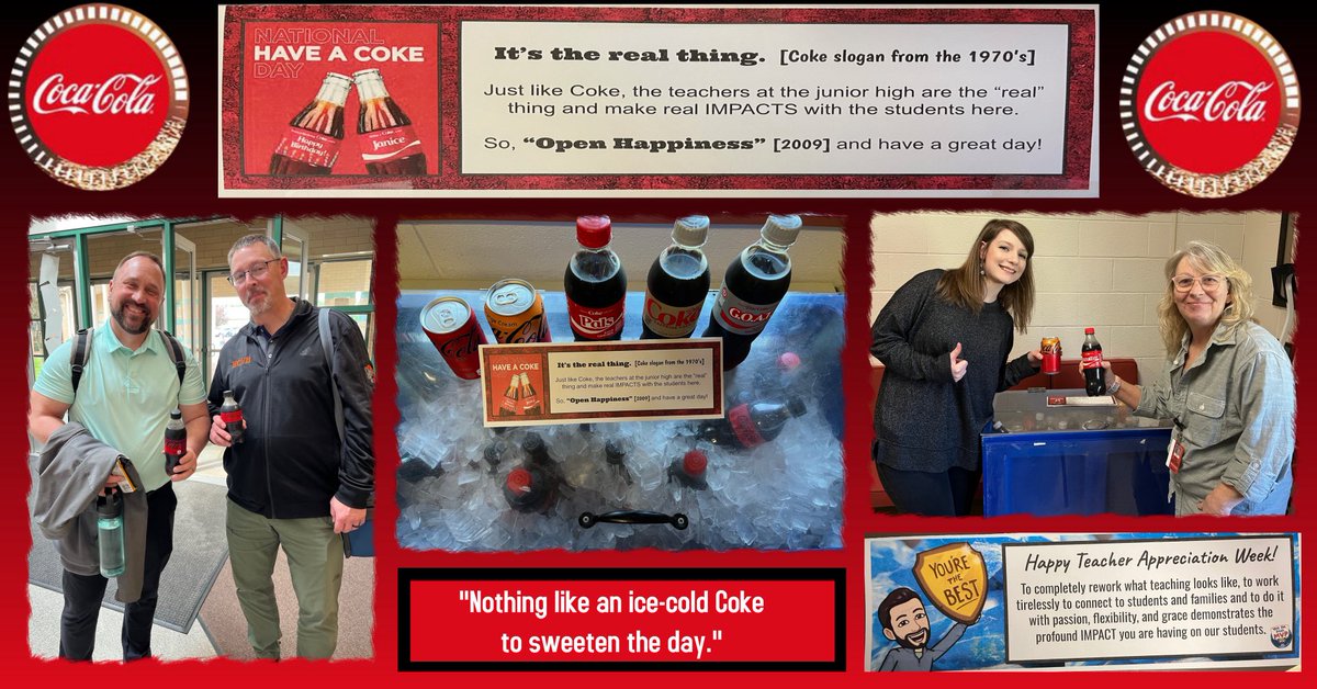 Why Not… Celebrate National Coke Day during JH Faculty-Staff Appreciation Week? A great day to have a Coke &amp; a smile. Thanks for all that everyone does here in our JH. #IMPACT360 <a href="/HCSDHuskies/">Kelly S Hess</a> <a href="/CocaCola/">Coca-Cola</a>