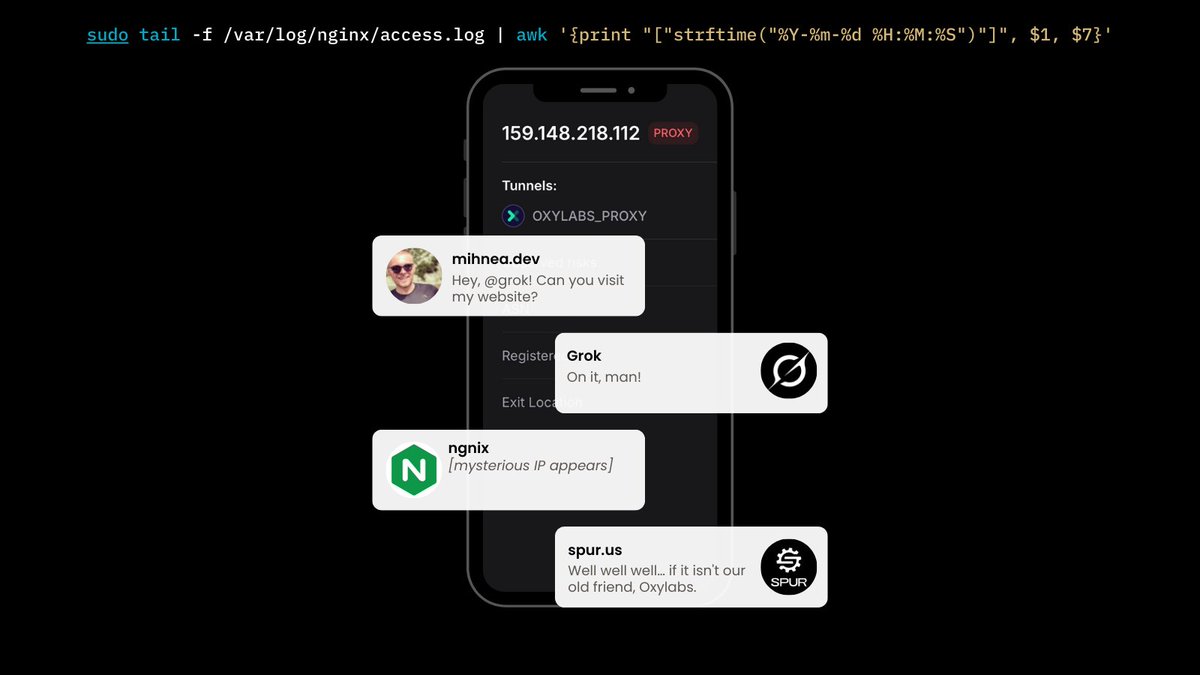 awtistik_dev's tweet image. Wanna see if @grok uses Oxylabs for web scraping? Here&apos;s the trick: 

1️⃣ Spin up a simple site
2️⃣ Ask @grok to &quot;analyze&quot; it
3️⃣ Check your @nginx logs for the visitor IP
4️⃣ Look it up on spur.us

✨ Surprise: it&apos;s Oxylabs!