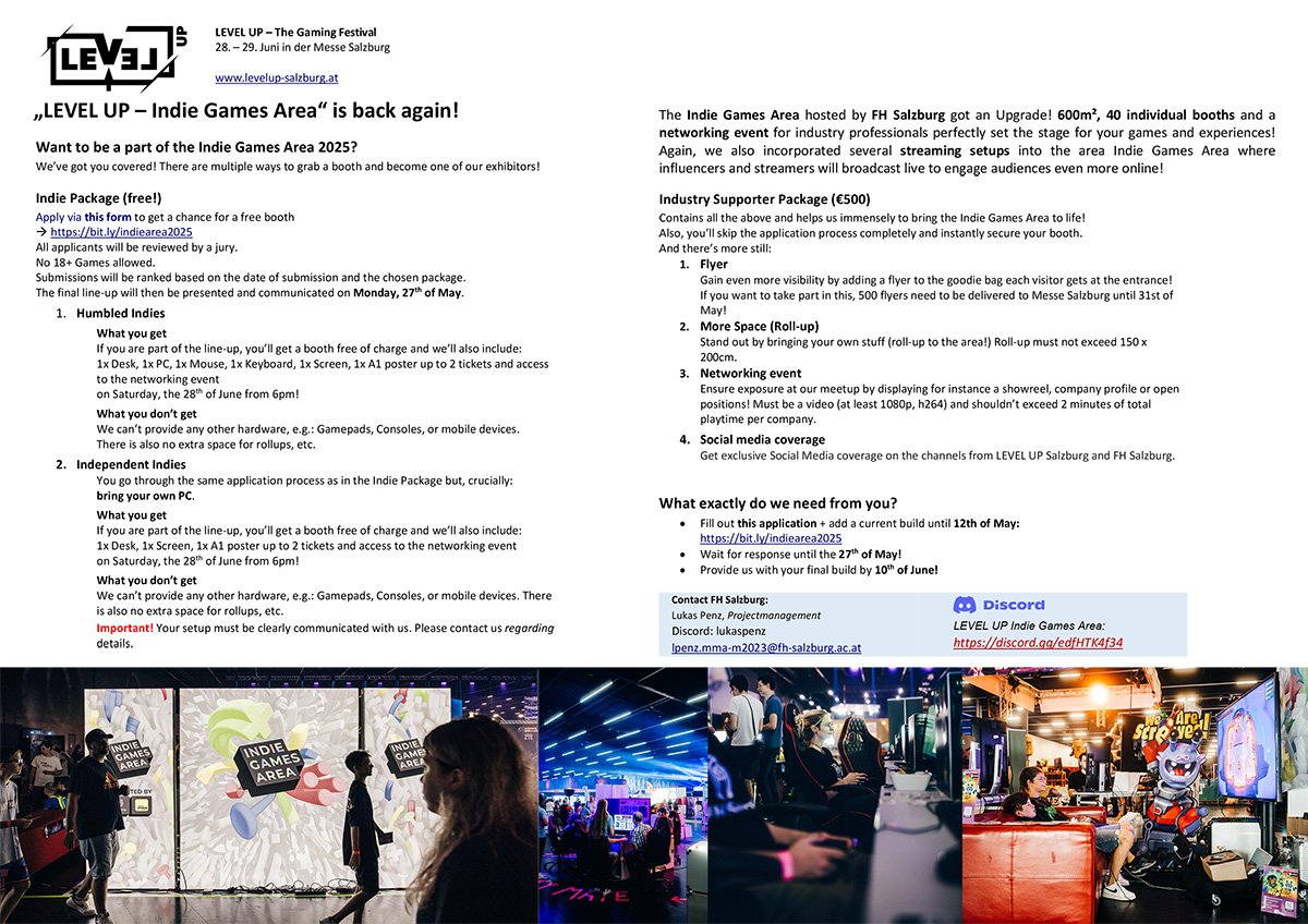 🎮 Hey Indies!
Nur noch bis Montag könnt ihr euch für die Indie Games Area 2025 bei LEVEL UP anmelden!
🕹️ 600 m² Fläche
🎯 40 Booths
📺 Livestream-Setups
🤝 Networking-Event by PGDA

Zeigt eure Games, vernetzt euch &amp; erreicht neue Fans!
🔗 Jetzt bewerben: bit.ly/indiearea2025